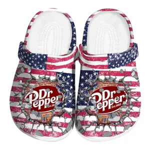 Unisex Dr Pepper Clogs with Cracked USA Flag Design, Funny Patriotic Slip-Ons for Summer, 4th of July Celebration or Casual Drink