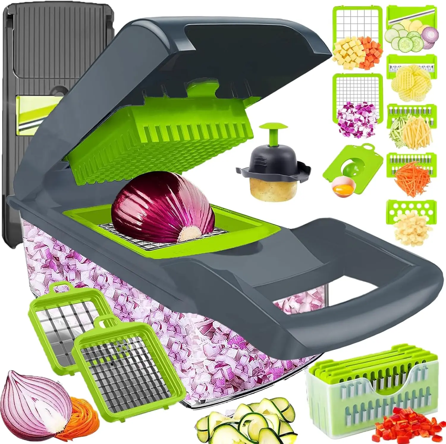 Durable 16-in-1 Vegetable Chopper Set - Egg Slicer, Fine Grater, Vegetable & Herb Slicer Mandolines with Storage Container for Faster Cleanup, Cutting, Cooking Tasks, Egg Slicer Mandolines
