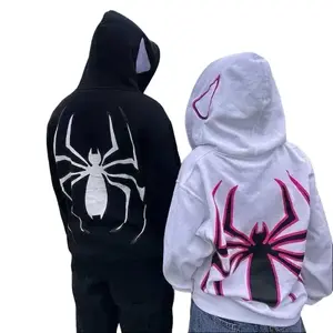 Menswear Y2k Full-Zip Spider Hoodie - Men's Fitted Fall & Winter Sweatshirt with Harajuku Graphic, Unique Hooded Glasses Design, Street Punk & Casual Hip-Hop Style Fashion Menswear Stylish Streetwear