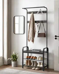 4-in-1 Hall Tree with Shoe Bench, Entryway Coat Rack with Hanging Rod & 9 Hooks, Storage Organizer for Shoes, Bags & Coats, Rustic Brown / Gray