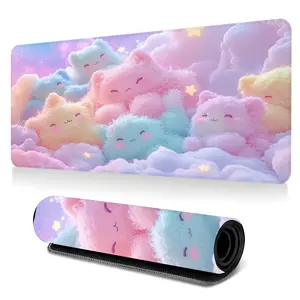 Cute Fluffy Cats Cloud Rainbow Large-Sized Gaming Mouse Pad, Pastel Kawaii Animal Desktop Protection Pad, Anti-Slip Rubber Lock Edge High-Definition Printing, Suitable For Cat Lovers, Great Gift For Cute Desk