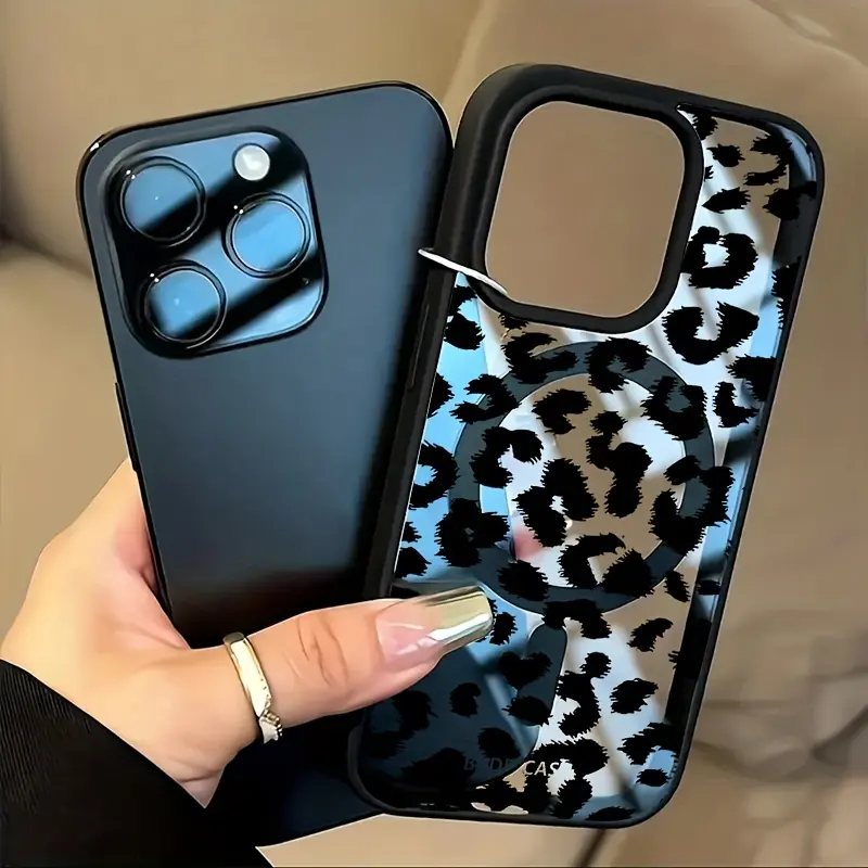 Macaron Magnetic Smartphone Case, Plastic Acrylic Back + Soft TPU Frame, Built-in Magnetic Ring, Black Leopard Print, Bare-Metal Feel, Premium Look, Compatible with iPhone 12-17 ProMax & S22-S25, Mobile Phone Accessory, Gift Option, Accessories, Acrylic+T