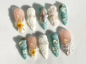 Ocean-Inspired Press On Nails Almond | 3D Beach Theme with Seashells and Starfish | Handmade Pearls Press On Nails for Summer Vibes, Acrylic Press On Nail, Summer Nails Seashells, Gen X Nail