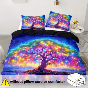 3-Piece Soft Comfortable Duvet Cover Set, Life Tree Bedding Ensemble, Bohemian Style Twin Bed Linen, Rainbow Tree Bedding Kit