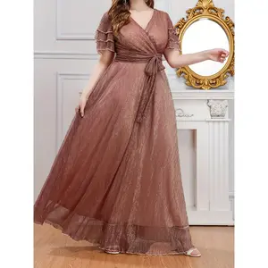 Plus Size Mesh Maxi Layered Sleeve Dress, Elegant Belted Surplice Neck Dress For Party & Banquet, Women's Plus Size Clothing