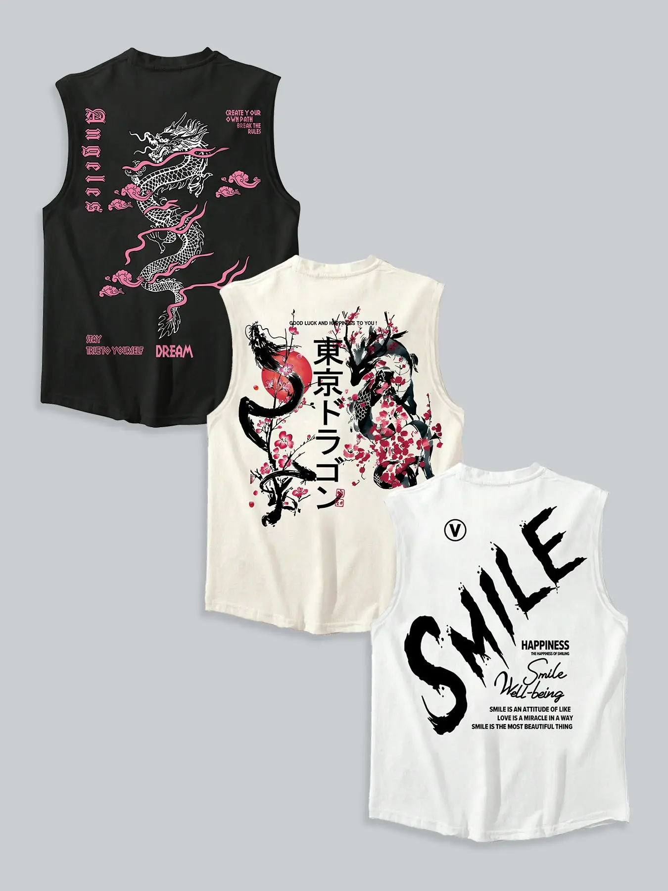 3-Pack Set Japanese Dragon & Smile Graphic Print Oversized Muscle Tanks | Tokyo Aesthetic Vibe Sleeveless Casual Streetwear Tops