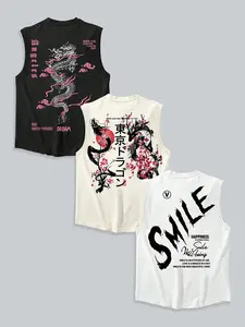 3-Pack Japanese Dragon & Smile Graphic Muscle Tanks | Tokyo Aesthetic Sleeveless Casual Tops