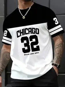 Men's New Casual Streetwear Round Neck T-Shirt, Chicago Word Design, 32 Number Pattern, Polyester Knit Fabric, Breathable Outdoor Comfort, Gift for Friends