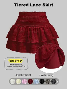 Women's High Waist Ruffled Pleated Mini Skirt with Lace, Double-Layer Flared Design, Comfortable Soft Breathable Fabric Fit, Fashionable Elegant Short Skirt Suitable for Summer Outdoor Leisure Daily Wear