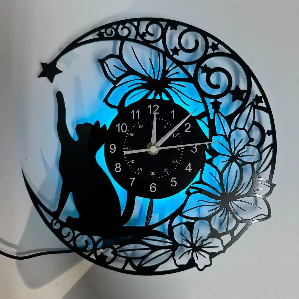LED Retro Moon and Cat Floral Vinyl Record Wall Clock, Silent Quartz Movement, Battery Powered, Ideal for Living Room, Bedroom, Office