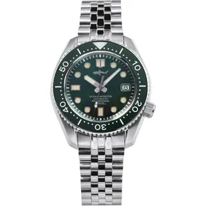 Heimdallr Luxury Mechanical Watches for Men, 44mm Automatic Diver Dress Watch, 200M Water Resistant Steel Case, Green Dial, 5-Link Flat Triangle Bracelet
