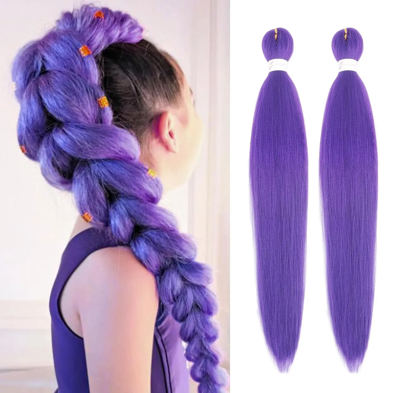 2 Pack 26 Inch Purple Braiding Hair Extensions Pre-stretched Long Wigs Colorful Ponytail Synthetic Hair Makeup Braids for Women Girls Cosplay Christmas Halloween Costume Bachelorette Party prop outdoorfun Stage