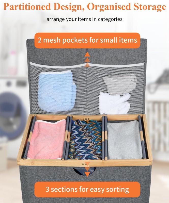 OTraki 3 Section Laundry Hamper with Lid, 150L Clothes Hampers for Laundry with Bamboo Handles and Removable Bag, Large Foldable Laundry Basket for Bedroom, Bathroom, Dorm, Laundry Room, Grey