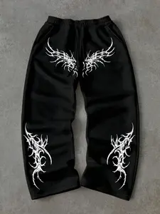 Same style for men and women. Spring, summer, and autumn styles. Casual, loose, straight-leg, thin pants with drawstrings at the waist and wide legs. Athletic pants featuring personalized wing prints, Gothic, streetwear fashion, versatile for various occa