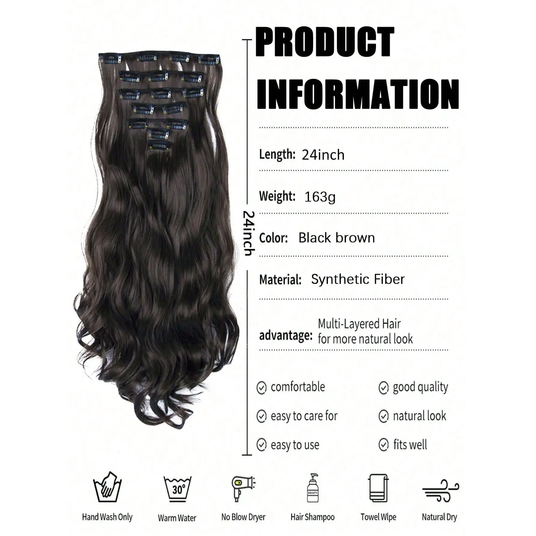 2025 New 18-30 Inches 16 Clip Black Natural Daily Long Curly Hair Extensions Seven-Piece Set For Women-t
