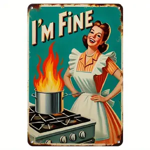 I'm Fine" Vintage 50s Housewife Cooking Metal Sign - Retro Wall Art for Kitchen, Bars, Cafes & Farmhouse Decor - Durable Aluminum, 8x12 Inch, Pre-Drilled Holes for Easy Hanging, Kitchen Wall Decor | Humorous Home Decor | Decoration Light Gift