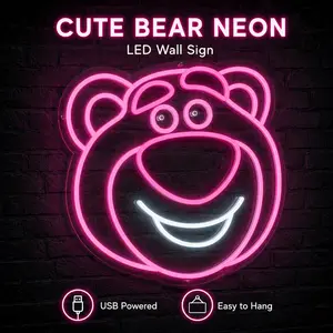 Pink Strawberry Bear Neon Sign, USB Powered LED Cute Bear Wall Light, Kawaii Pink Neon Room Decor for Bedroom, Dorm, Vanity Corner, Gaming Room, Party Backdrop, Cute Gift for Room Decor Lovers