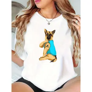 Women's Casual White T - Shirt Featuring German Shepherd in Blue Outfit with I Love Mom Tattoo - Ideal for Dog Lovers, Mom Lovers, Mother's Day Gift, Everyday Wear 100% Cotton T-shirt