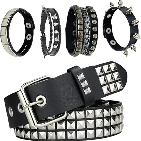 5 Pieces PU Leather Adjustable Gothic Edgy Accessories Set - Black Studded Belts, Rivet Punk Rock Cuff Bracelets for Grunge Cosplay Concerts, Home Improvement Building Supplies Wallpaper & Wall Trim