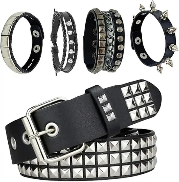 5Pcs Black Studded Belt, Studded Bracelet Goth Rivet Punk Rock Cuff Bracelets Y2K Belt Emo Spike Cuff Bracelet Grunge Accessories for Women Men - Home Improvement.