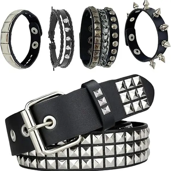 5 Pieces PU Leather Adjustable Gothic Edgy Accessories Set - Black Studded Belts, Rivet Punk Rock Cuff Bracelets for Grunge Cosplay Concerts, Home Improvement Building Supplies Wallpaper & Wall Trim