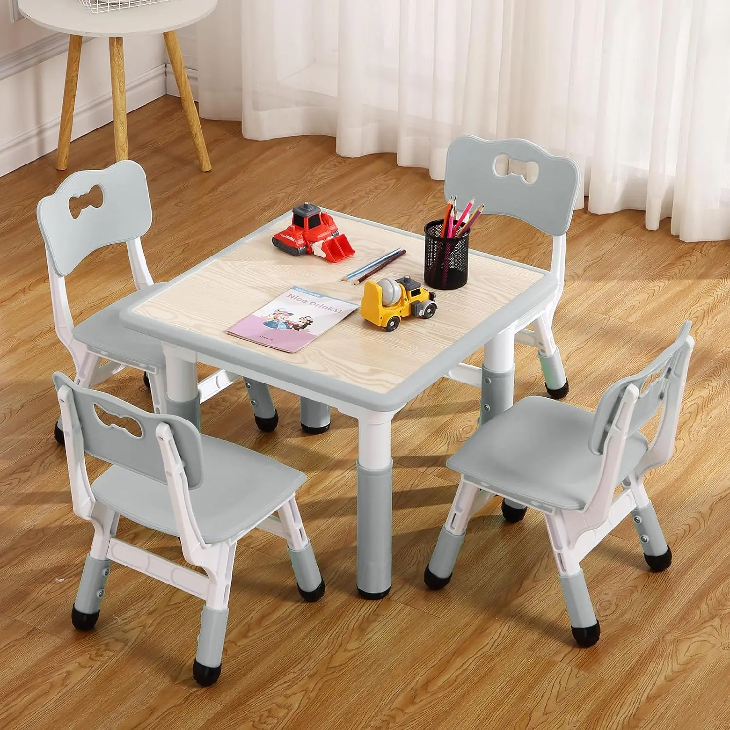 Modern Kids Table and 4-Chair Furniture Set, 23in Ergonomic Height-Adjustable Toddler Table with Non-Slip Legs, Organizer & Graffiti Desktop, Preschool Activity Set for Children Ages 2-10 (Gray)