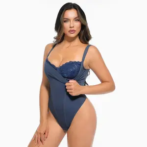 ​​Popilush Denim Bodysuit with Lace Trim - Deep V-Neck One-Piece​ live