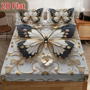3pcs 2D Flat Gold Border Butterfly Bedding Set, 1 Fitted Sheet + 2 Pillowcases No Core, Home Dorm High Definition Print, Decorative Bedsheet Sets