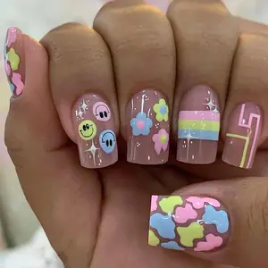 Medium Length Press on Nails Square Acrylic Nails with Smile Design Glossy Pink Full Cover Nails 24 PCS