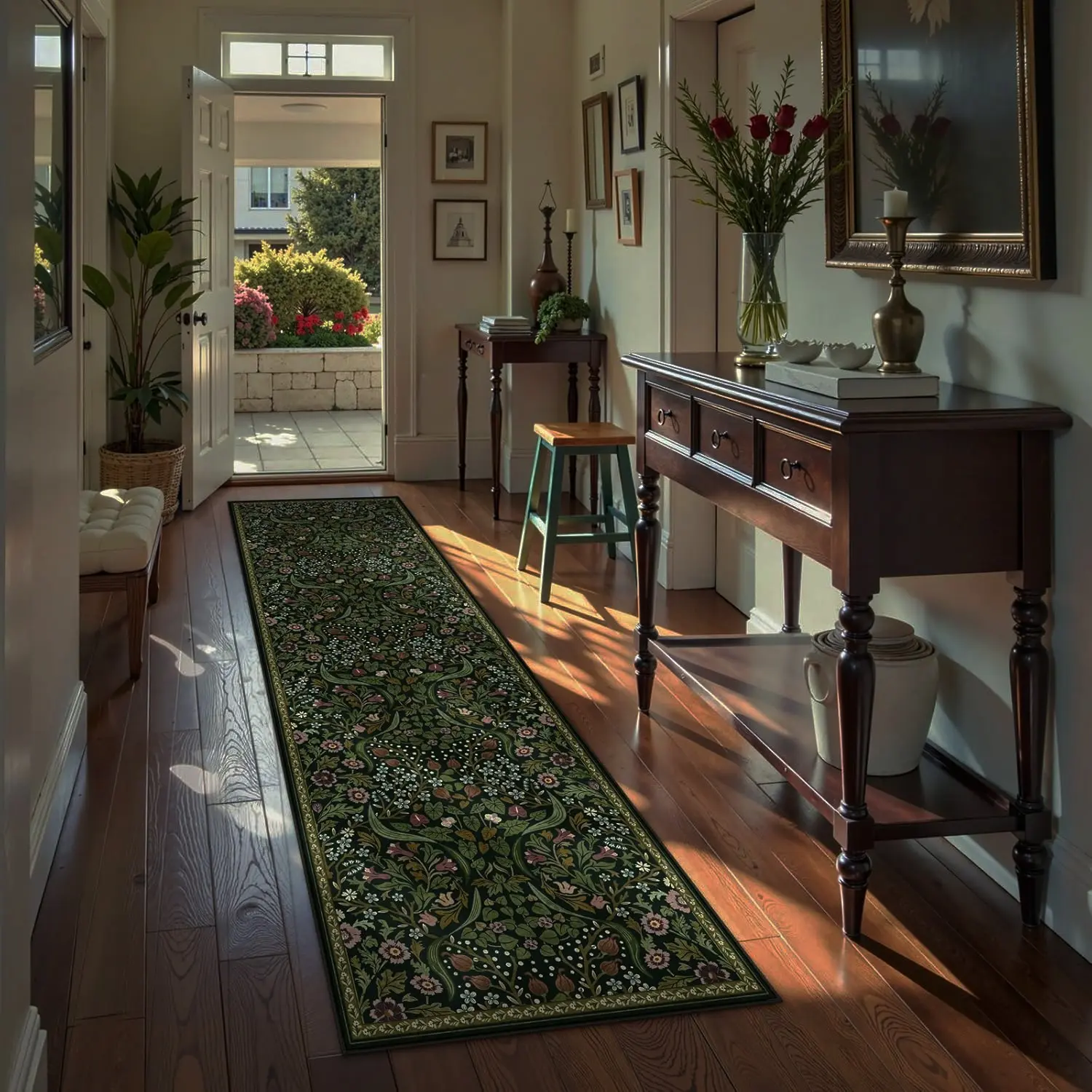 Moss Vintage Floral Hallway Rug, Floral Pattern Rug, Flower Pattern Rugs, Non-Slip Long Strip Carpet, Easy Clean, Home Decorative Rug, Suitable for Corridor Living Room Bedroom
