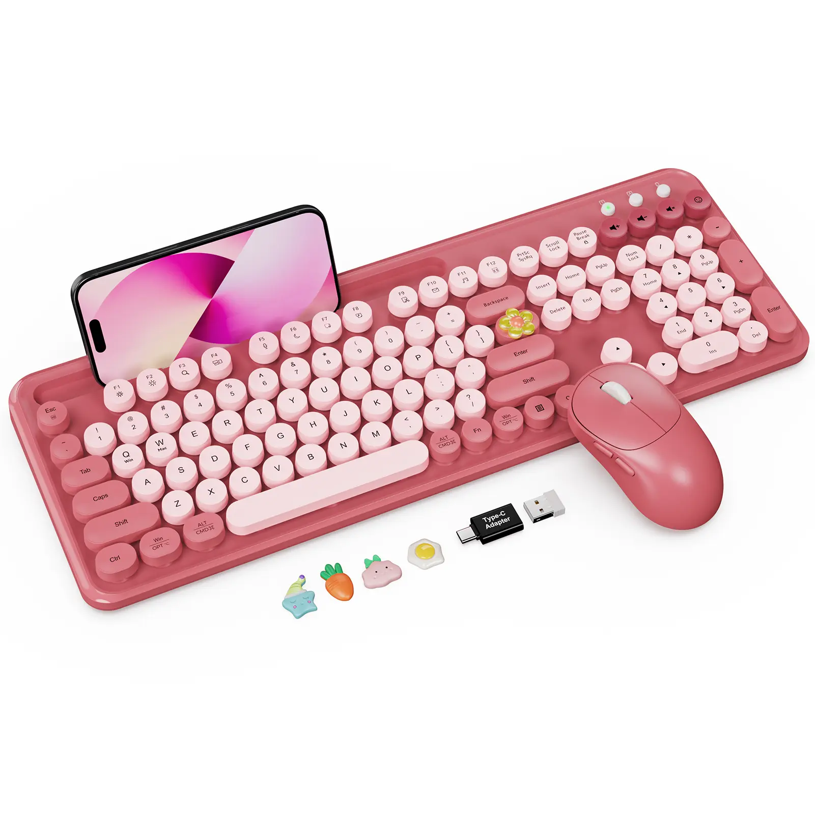 SABLUTE CK13 Retro Cute 2.4GHz Cordless Keyboard & Mouse Set - Round Keycaps, Soft Click, Built-in Phone Holder, Desk Gadgets (Non-Bluetooth, Perfect for Desk Use), Ergonomic Round Keyboard