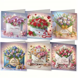 6 pcs Birthday Theme Diamond Painted Greeting Cards Set, Custom Message Card, Acrylic & Paper Material, Flower Style Envelopes, Perfect Gift for Family & Friends, DIY Card Set