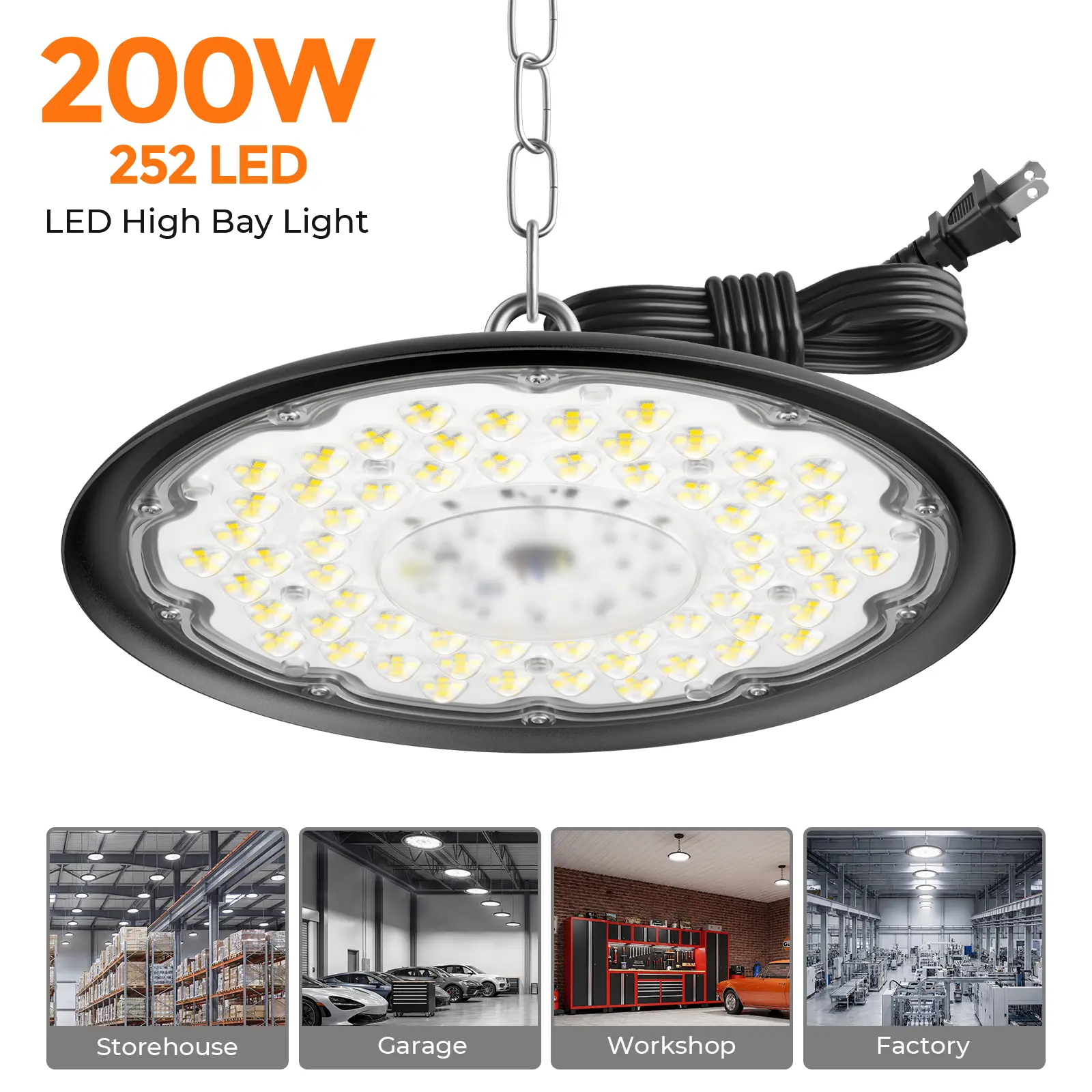 UFO LED High Bay Light 100W/150W/200W, Commercial Lighting Fixture, 28,000 lumens,with 5-foot cable and US standard plug, IP65-rated Commercial Fixture, Suitable for Warehouses, Workshops, Barns, and Factories,Father's Day Gift