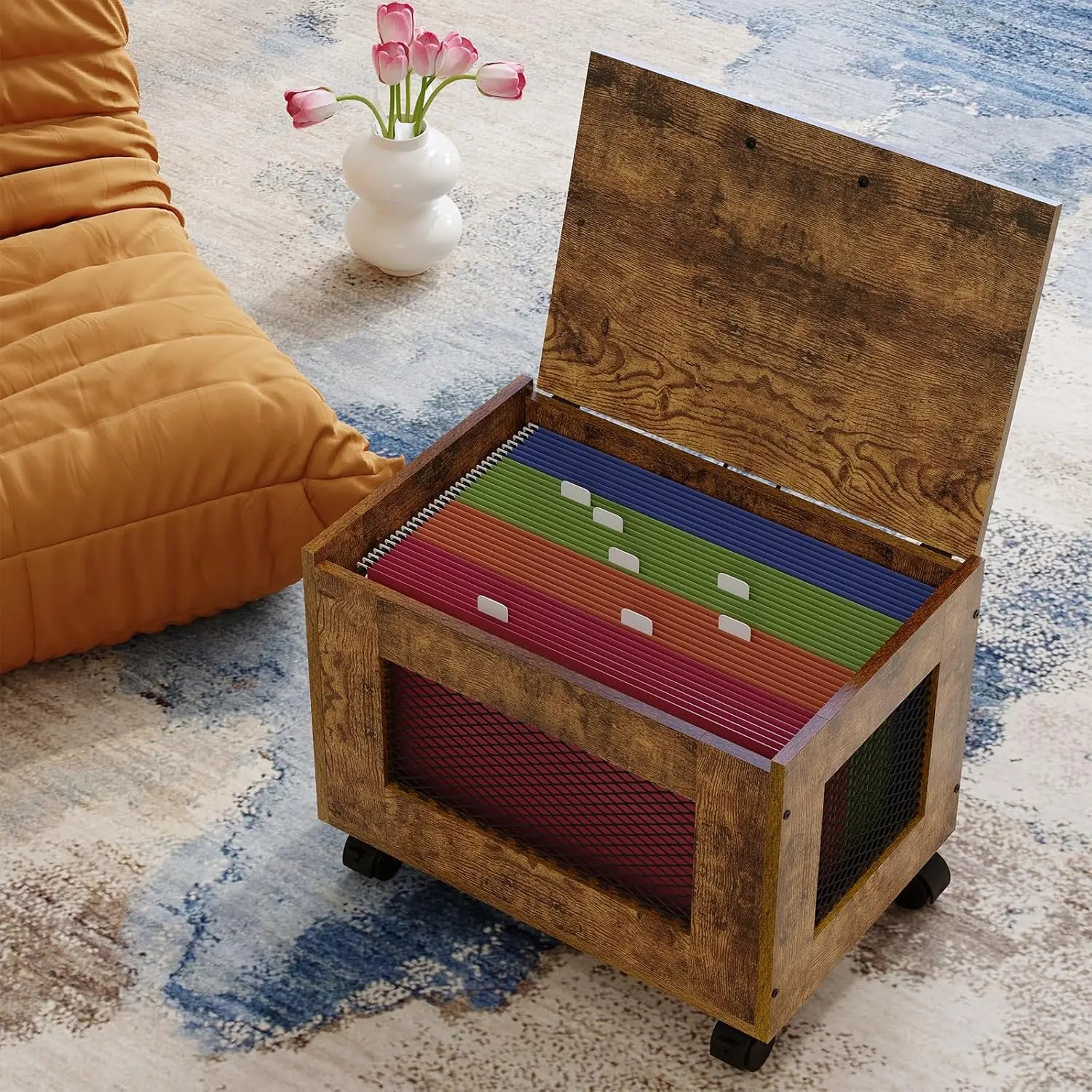 Modern Rolling Under-Desk File Cabinet, Decorative Mesh Front Organizer Box for Home Office Letter & Legal Size Documents, Hanging Storage Solution, Under Desk Storage