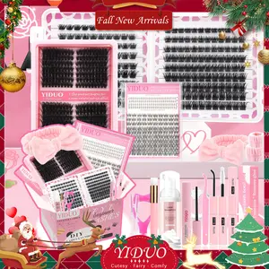 False Eyelashes Kit, 1 Set Volume Curling Fluffy Cluster Fake Lashes DIY Eyelash Extensions with Glue, Tweezers, Brush, Lash Remover, Lash Shampoo, Wristband and Headband