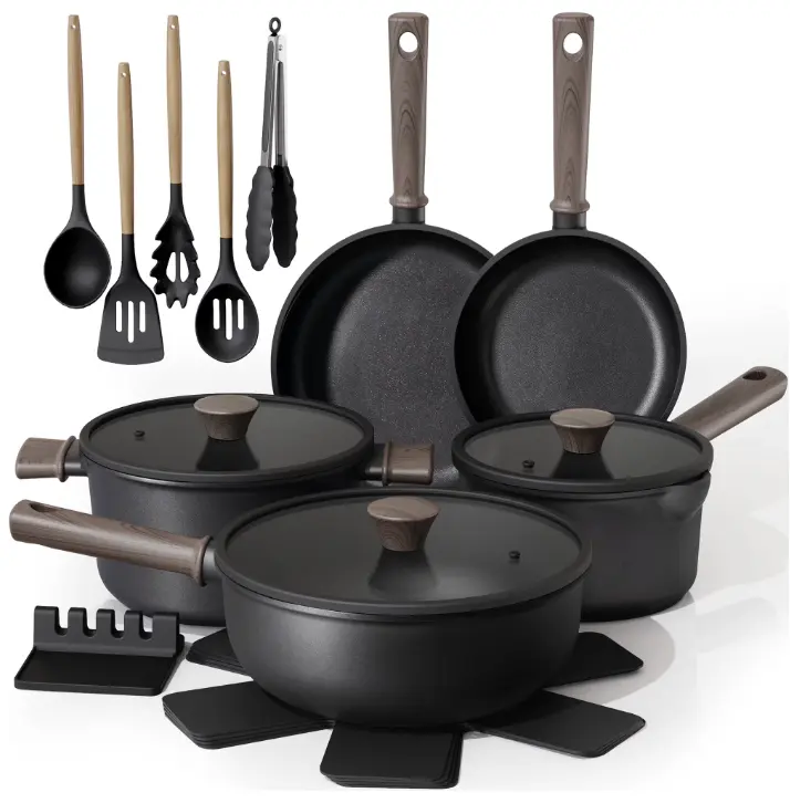 Astercook 18-Piece Pots and Pans Set, Black Titanium Induction Nonstick Cookware Set, Oven Safe to 480°F, Induction Compatible & Dishwasher Safe, Kitchen Cooking Set for RV Trips, Camping and Picnic