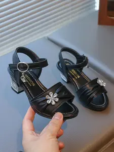 Water Drill Children High Heel Ankle Strap Sandals Flower Decoration Chunky Heel Elegant Princess Shoes for Girls, Stylish Kids Footwear