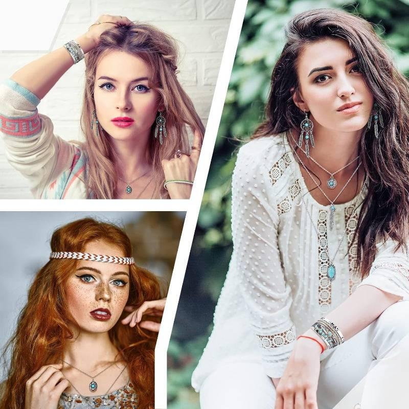 3 Pcs Bohemian Western Turquoise Jewelry Set for Women Pendant Necklace Dangle Earrings Bracelet Gift for Christmas New Year Daily Wear