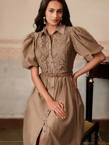 Brown Elegant Floral Patchwork Ruffle Hem Waist Slimming Mid-Length Vacation & Date Dress