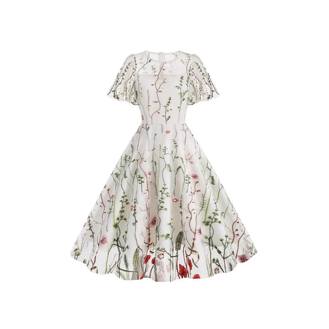 Women Keyhole Embroidery Dress Sheer Mesh Illusion Vintage Cocktail Swing Dress Wedding Party Prom Tulle Evening Dress