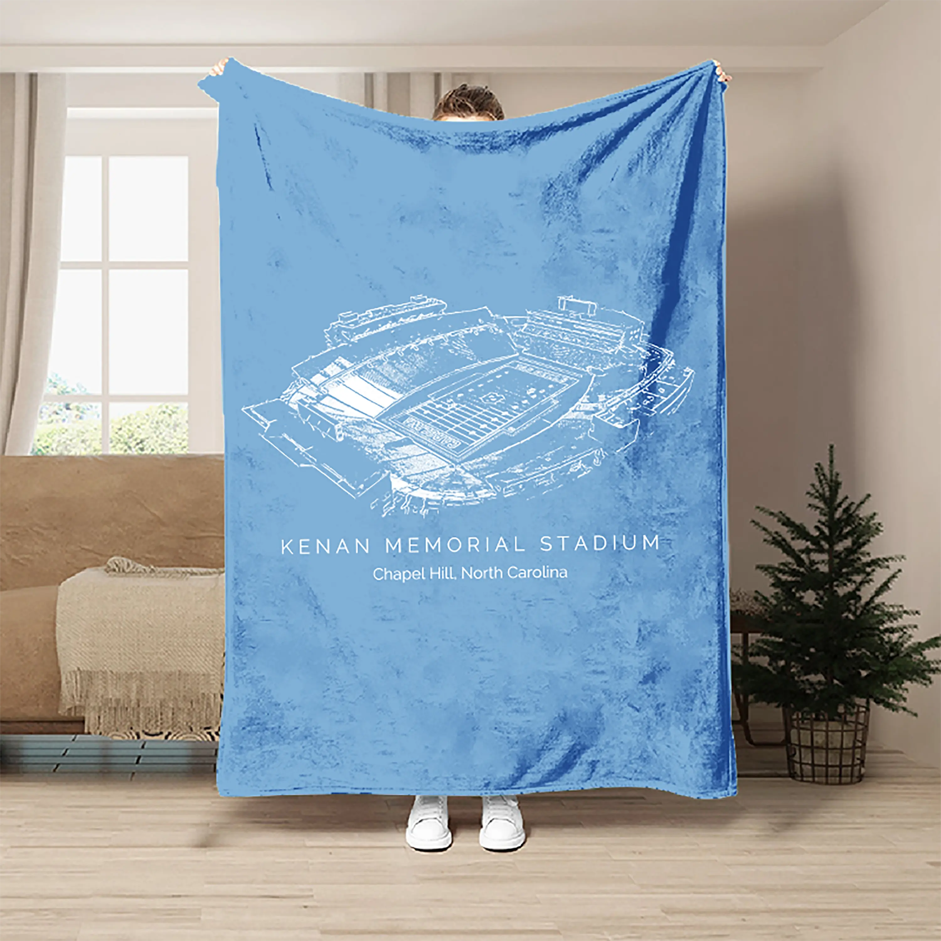 Kenan Memorial Stadium Flannel Blanket - Chapel Hill Football Throw - UNC Tar Heels Fan Gift - Carolina Blue Game Day Decor