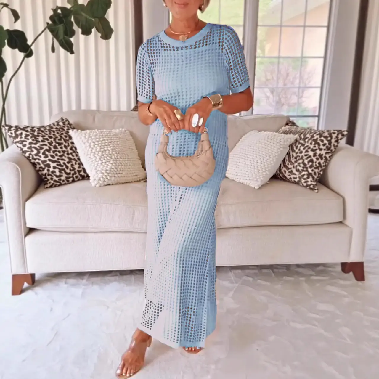 Hollow Crochet Summer Maxi Dress Women's Round Neck Hollow Two-Piece Dress