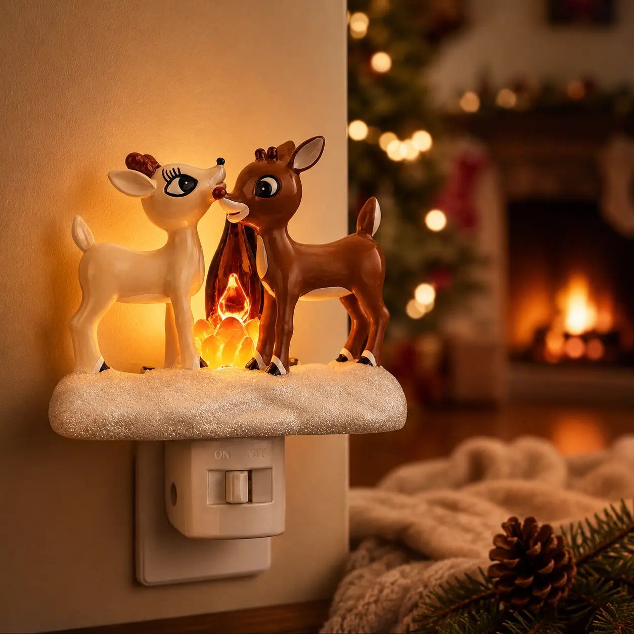 Reindeer Night Light with Flickering Flame, Plug in LED Campfire Night Light, Christmas Deer Nightlight for Bedroom Bathroom Hallway, Cozy Holiday Home Decor, Christmas & Halloween Seasonal Decoration
