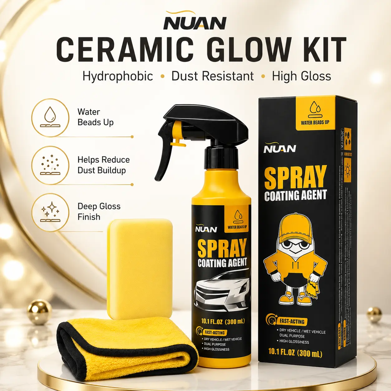 NUAN Car Paint Coating - Ceramic Coating Spray for Cars, 3-in-1 Waterless Wash & Wax, Hydrophobic Paint Protection, High Gloss Shine, SiO2 ceramic spray, wax polish spray, pH neutral car wash, headlight coating, ceramic coating kit, water beading spray