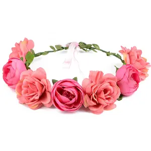 Flower Crown Rose Peony Garland Headband Hair Wreath Floral Headpiece with Adjustable Ribbon Wedding Festival Party (pink)