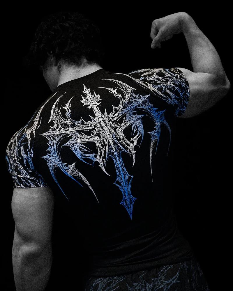 GYM T-shirt Men's Dark Gothic Print Muscle Tee  High Elasticity And Quick Drying Exercise For Bodybuilding Training 2025 Summer