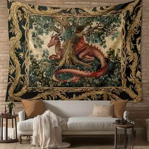 1pc terylene Dragon Tapestry Wall Hanging Fantasy Rustic Medieval Art Decor Large Red Dragon with Tree Nature Pattern Home Bedroom Living Room Dorm Decor tapestry