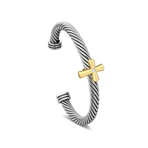 Mytys Twisted Rope Two Tone Open Cuff Bracelet for Women Cross Accent Design with Sculpted Cable Look Adjustable Fit Strong Texture and Dimension Slim Wrist Effect Everyday Styling Trending Jewelry