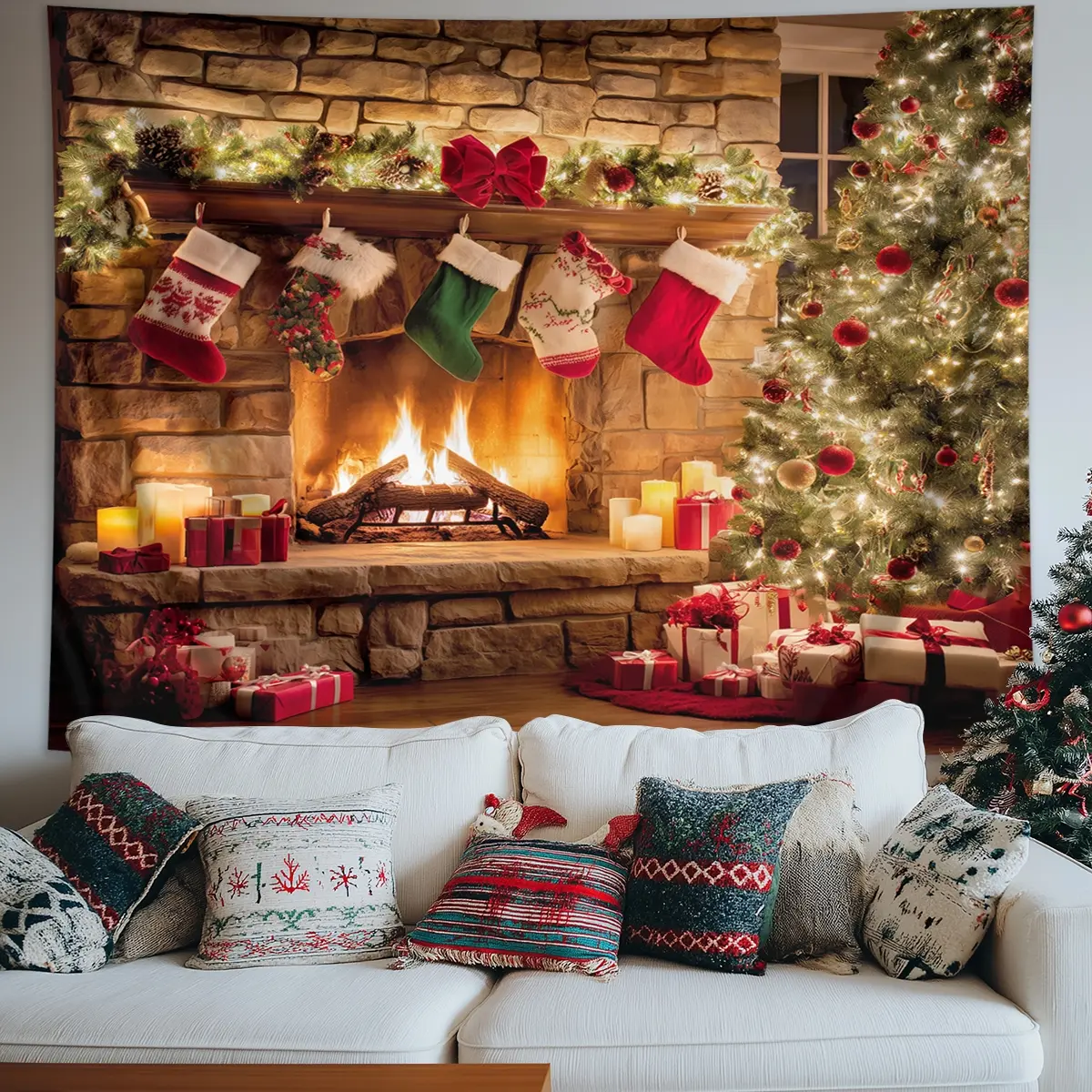 1pc Christmas fireplace tapestry, Christmas themed photography background cloth, Christmas tree and stocking design, Christmas party supplies, Christmas and New Year photos background pictures banner studio decoration booth tapestry
