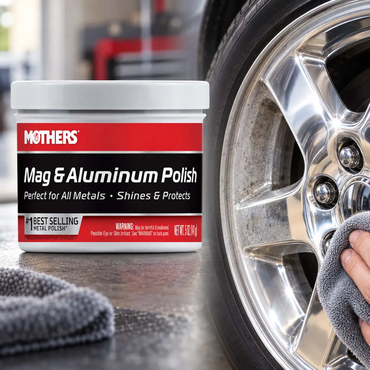 Mothers Mag & Aluminum Polish Paste 5 oz,#1 best seller,brilliant gloss,neglected metal restoration,controlled polishing,gentle maintenance,manual application,aluminum rims,weather damage protection,road contaminant defense,rust prevention,car enthusiasts